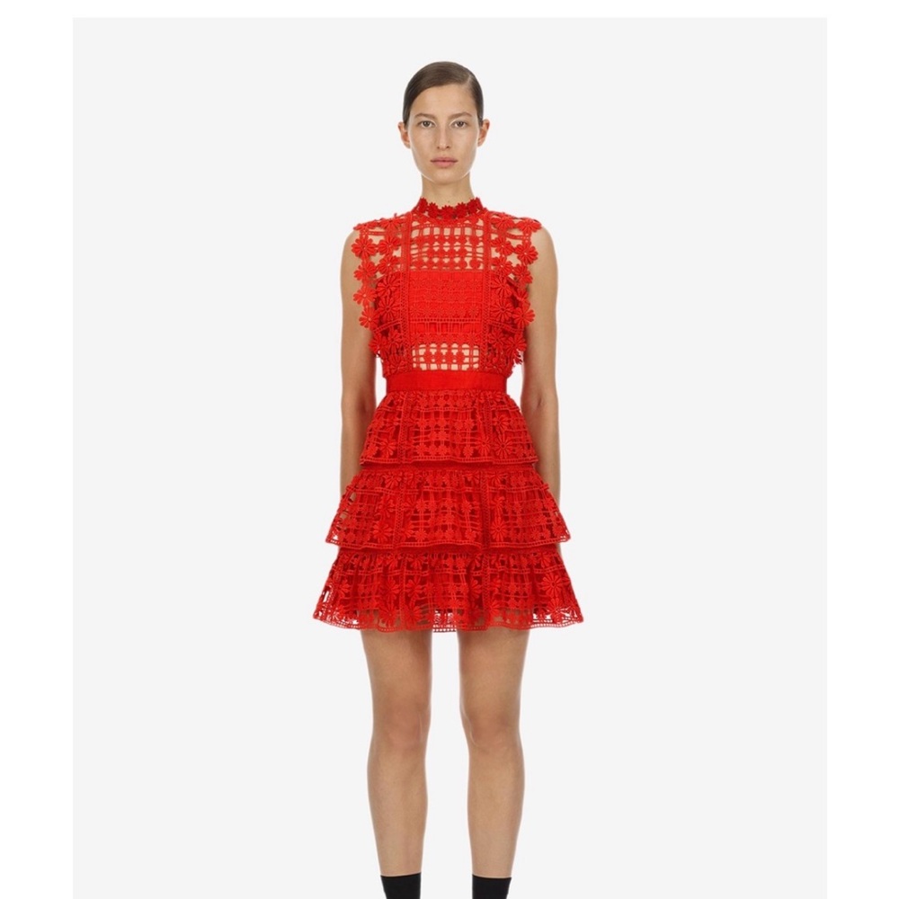 Self-Portrait Red Ruffled Tiered Mini Dress